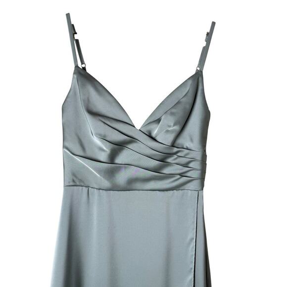 Azazie Calissa Mist A-Line V-Neck Pleated Stretch Satin Dress Bridesmaid Gown A0 - Picture 4 of 13